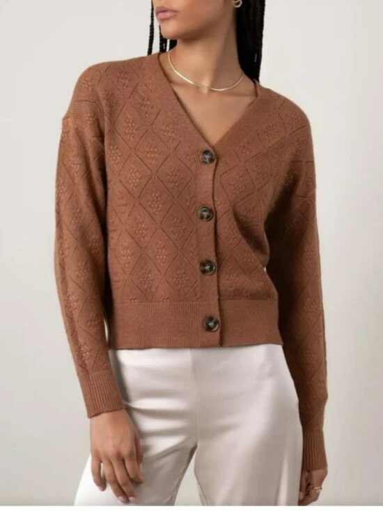 Cyrus Sweaters - Cyrus Beige Diamond Knit Button-Front Cardigan Sweater Size L